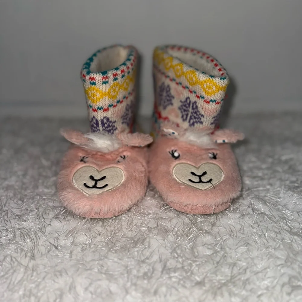 Totes Kids Pink Llama Heart Fuzzy Boot Slippers Size‎ 13-1